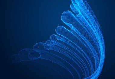 3 boyutlu sihirli parçacıklar karanlık, ses dalgaları akışı, rüzgardaki şeffaf tül tekstil dizileri. Yuvarlak nokta vektör etkisi çizimi. Harmanlanmış ağ, rahatlatıcı duvar kağıdı..