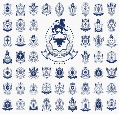 Heraldic Coat of Arms vektör seti, antika heraldik rozetler ve ödüller koleksiyonu, klasik tarz tasarım unsurları, aile veya iş logoları sembolleri.