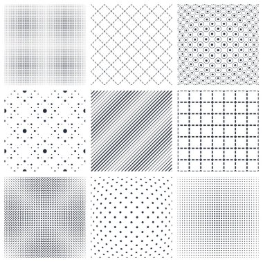 Geometrik dikişsiz kalıplar, soyut minimalist ve basit çizgili arka planlar, web tasarımı ve yazdırma için duvar kağıtları. Siyah ve beyaz kumaşlar.