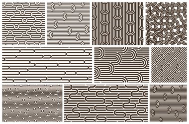 Bükülmüş çizgiler, geometrik soyut arkaplan seti, çizgili ağ, optik labirent, web ağı.