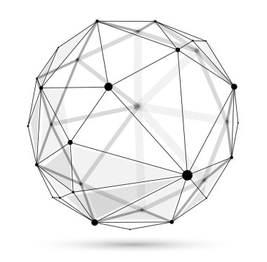 Soyut 3D ağ küre vektör illüstrasyonu, çizgilerle bağlantılı noktalar, beyaz arkaplanda izole edilmiş çokgen nesne, gerçekçi alan etkisi derinliğine sahip dinamik kafes.