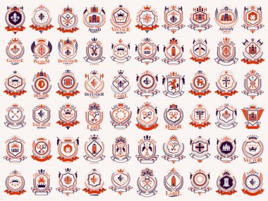 Heraldic Coat of Arms vektör seti, antika heraldik rozetler ve ödüller koleksiyonu, klasik tarz tasarım unsurları, aile veya iş logoları sembolleri.