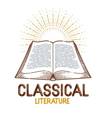 Klasik açık kitap vektör grafik tasarımı ögesi, edebiyat ve okuma teması, logo veya simge veya amblem modu doğrusal biçimi.