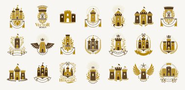 Vintage şatolar vektör logoları veya amblemler, Heraldik tasarım elementleri büyük set, klasik habercilik mimari sembolleri, antik kaleler ve kaleler.