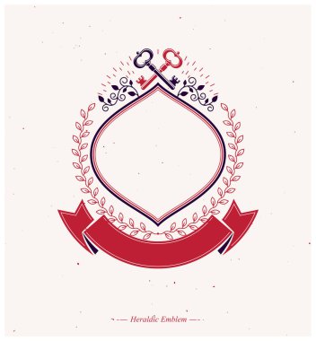 Güvenlik temasında grafiksel Kadim Anahtar amblemi oluşturuldu. Heraldik vektör tasarım elementi. Retro tarzı etiket, güzel kurdele ve çiçek süsüsüyle süslenmiş heraldry logosu.