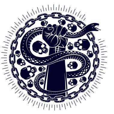 El yılanı sıkar, kötülüğe karşı savaşır, karanlık tarafını kontrol eder, iç çatışma, arketip gölge, hayat bir dövüş konseptidir, klasik vektör logosu veya dövmedir..
