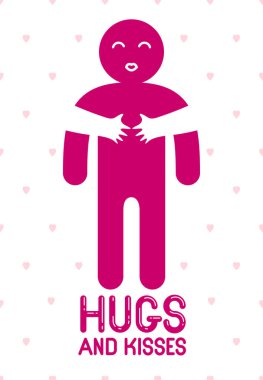 Sevilen kişinin sevgi dolu elleri ve dudaklarıyla kucaklaşmalar ve öpücükler, aşık kadın erkeğine sarılıp sevgisini, vektör logosunu ya da basit sembolik tarzda illüstrasyonunu paylaşıyor..