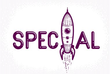 I harfi yerine roketli özel kelime, vektör kavramsal yaratıcı logo veya özel yazı tipiyle yapılmış poster.