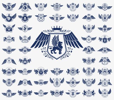 Heraldic Coat of Arms vektör seti, antika heraldik rozetler ve ödüller koleksiyonu, klasik tarz tasarım unsurları, aile veya iş logoları sembolleri.