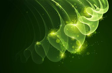 Karanlık, pürüzsüz eğri şekiller üzerinde akan parçacıkların sihirli dalgalarıyla soyut vektör arkaplan, rüzgarda uçuşan şeffaf tül tekstil. 3 boyutlu noktalar sihirli harmanlanmış ağ.