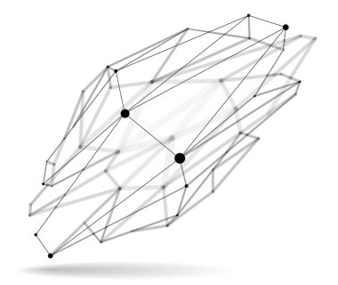 Boyutsal kafes ağ vektörü soyutlaması, üç boyutlu çokgen tasarım soyut şekil beyaz üzerine izole edilmiş, çizgiler ve perspektifli noktalar ile bilimsel dijital dinamik bağlantılar.