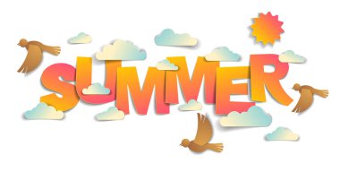 Kuşların güneş ve bulutların oluşturduğu kâğıt kesim sözcüğü modern tarz karikatür kağıdı 3D illüstrasyon kesiyor..