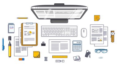 Ofis çalışanı ya da girişimci masa başı işyerinde bilgisayar ve üzerinde grafikler, veriler ve kırtasiye objeleri olan analitik kağıtlar. Tüm elementleri ayrı ayrı kullanmak kolaydır. Vektör.