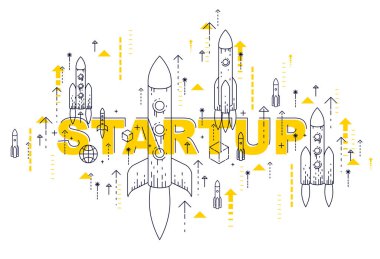 Başlangıç roketleri kalkıyor, uzay roketleri uçuyor iş konsepti, vektör illüstrasyonu.