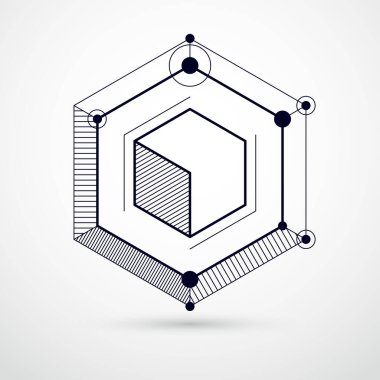 Çeşitli geometrik elementlere sahip soyut yaratıcı geometrik sanat mavi arka plan, vektör illüstrasyonu. Mekanizmanın perspektif planı, şeması. Tasarımlarınız için mükemmel bir arkaplan