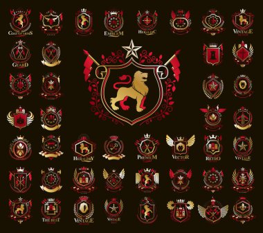 Heraldic Coat of Arms vektör seti, antika heraldik rozetler ve ödüller koleksiyonu, klasik tarz tasarım unsurları, aile veya iş logoları sembolleri.