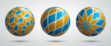 Gerçekçi parlak vektör küreleri desenle dekore edilmiş şirin toplar soyut grafik tasarım elemanları koleksiyonu.