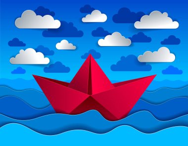 Origami kağıt gemi oyuncağı denizin kıvrımlı dalgalarında yüzüyor ve gökyüzünde bulutlar, kağıt kesimindeki güzel vektör çizimi.