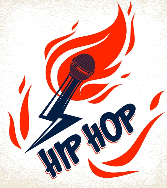 Rap Μουσική Διάνυσμα Λογότυπο Έμβλημα Μικρόφωνο Σχήμα Κεραυνού Και Φλόγες — Διανυσματικό Αρχείο