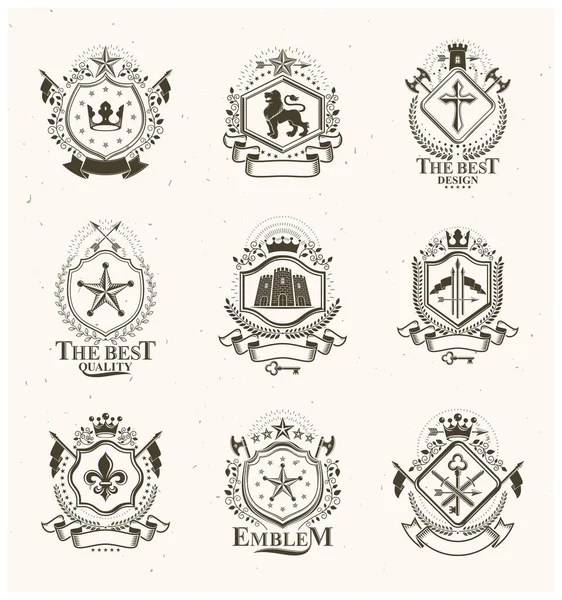 Vintage Decoratieve Emblemen Composities Heraldische Vectoren Stijlvolle Hoge Kwaliteit Symbolische — Stockvector