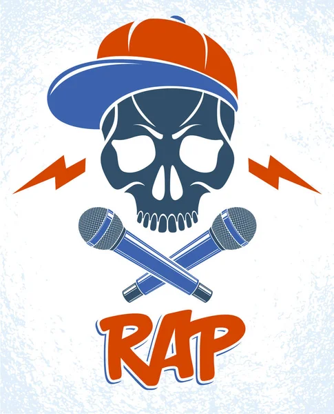 Rap Μουσική Διάνυσμα Λογότυπο Έμβλημα Επιθετική Κρανίο Και Δύο Μικρόφωνα — Διανυσματικό Αρχείο
