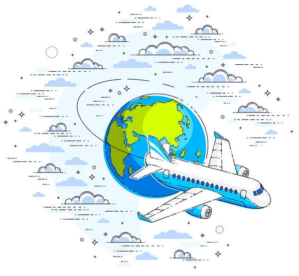 Repülőgép Repülőgép Földi Bolygó Égen Körülvéve Felhők Légitársaságok Légi Utazás — Stock Vector