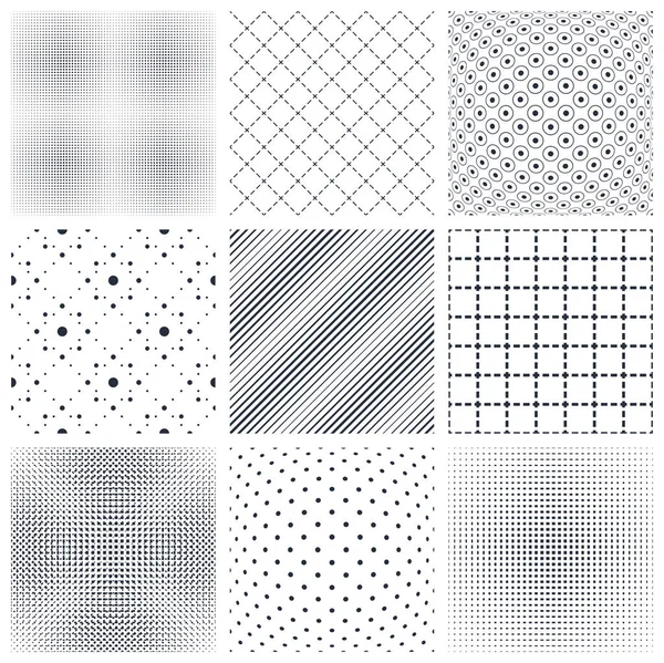 幾何学的なシームレスなパターンセット 抽象的なミニマリズムとシンプルなラインとドットの背景 ウェブデザインと印刷のための壁紙 黒と白の腕時計 — ストックベクタ