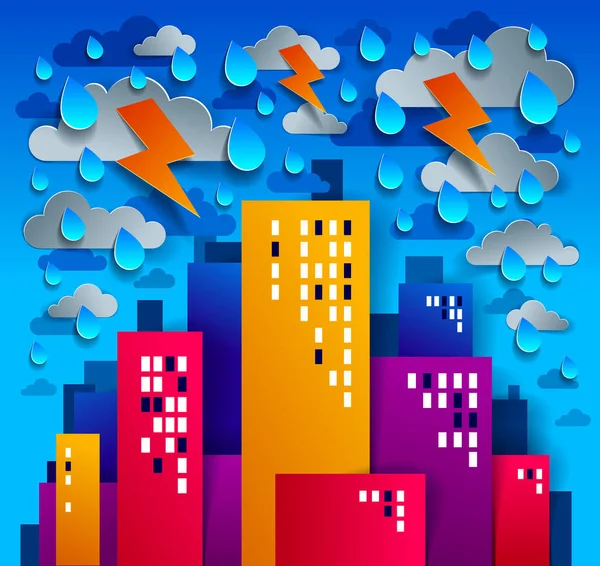 Şehir Binaları Gök Gürültüsü Şimşek Kağıdı Altında Karikatür Çocukları Kesiyor — Stok Vektör