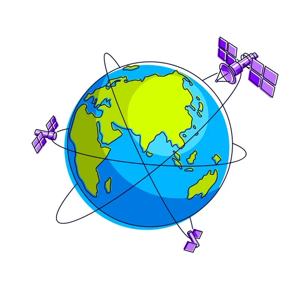 Technologies Mondiales Communication Satellites Volant Orbite Vol Spatial Autour Terre — Image vectorielle