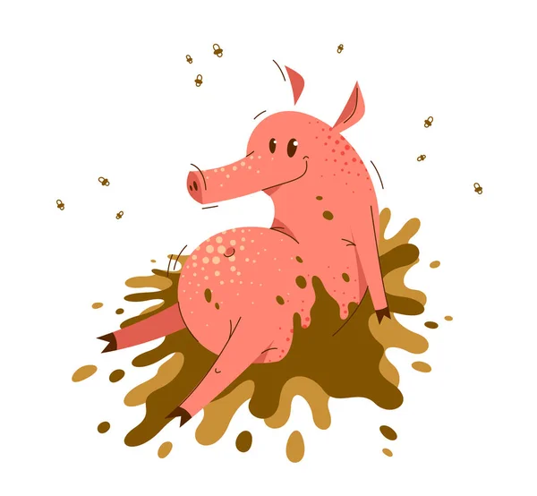 Funny Cartoon Pig Sits Dirt Vector Illustration Activity Happy Enjoying — Stock Vector