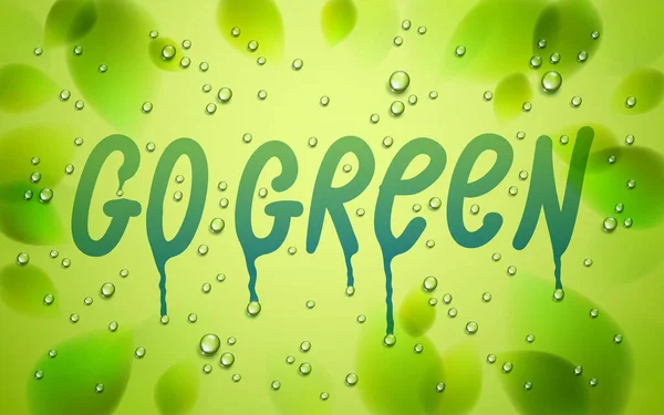 Zielone Słowa Narysowane Oknie Świeże Zielone Liście Wody Krople Deszczu — Wektor stockowy