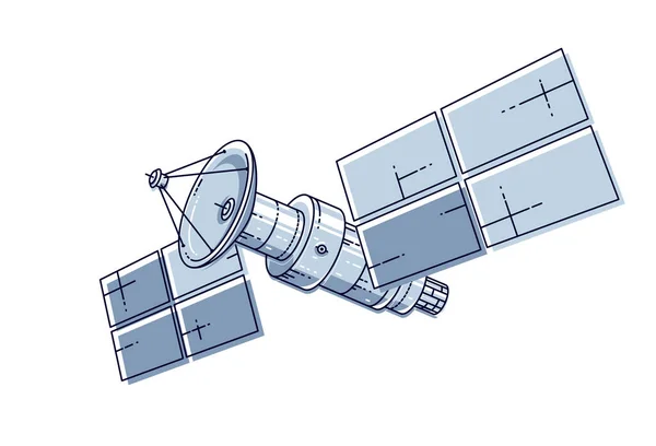 人工衛星は オープンスペース 宇宙ステーション 科学および通信技術の無重力下で浮遊しています 白地に孤立した細い線3Dベクトル図 — ストックベクタ