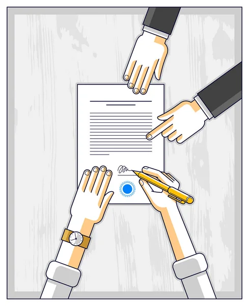 Бізнесмен Підписує Контрактний Паперовий Документ Або Клієнт Банку Пише Знак — стоковий вектор
