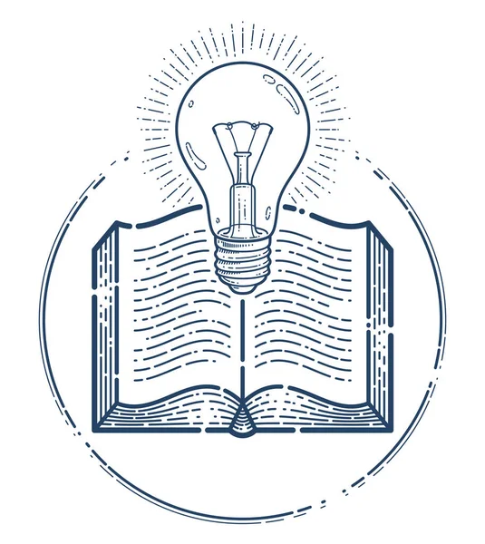 Livre Ouvert Avec Idée Ampoule Vecteur Linéaire Icône Éducation Littérature — Image vectorielle