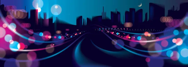 Panorama Luas Kota Besar Kehidupan Malam Dengan Lampu Jalan Dan - Stok Vektor