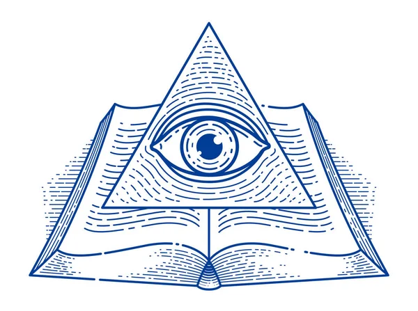 Secret Knowledge Vintage Open Book All Seeing Eye God Sacred — Stock Vector