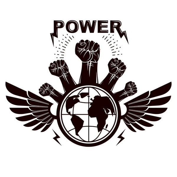 地球の地球のシンボルで構成怒りの人々翼のベクトルエンブレムの握りしめ拳 南北戦争の抽象的なイラスト 社会革命の概念 — ストックベクタ