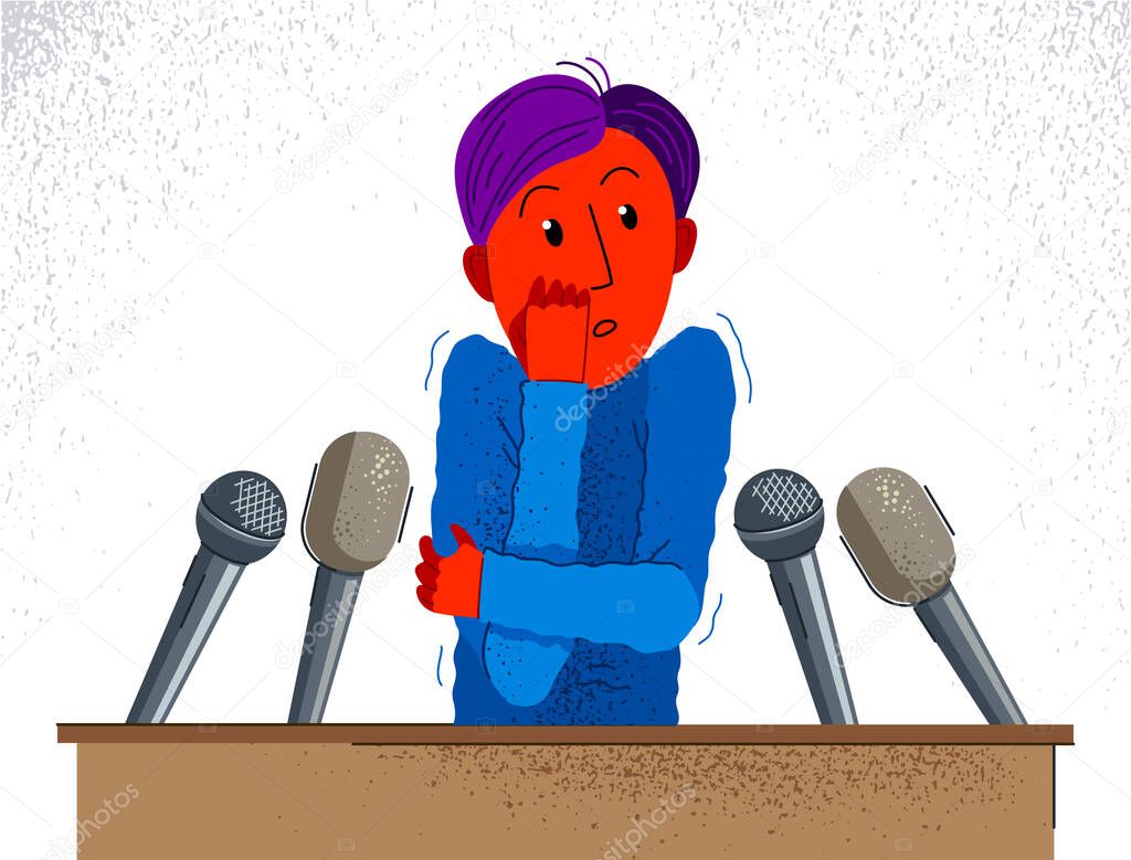 Glossophobia fear of public speech vector illustration, boy surrounded by microphones scared in panic attack, psychology mental health concept.
