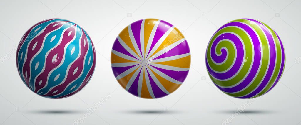 Abstract vector realistic glossy spheres set, beautiful festive balls collection decorated with pattern, graphic design elements.
