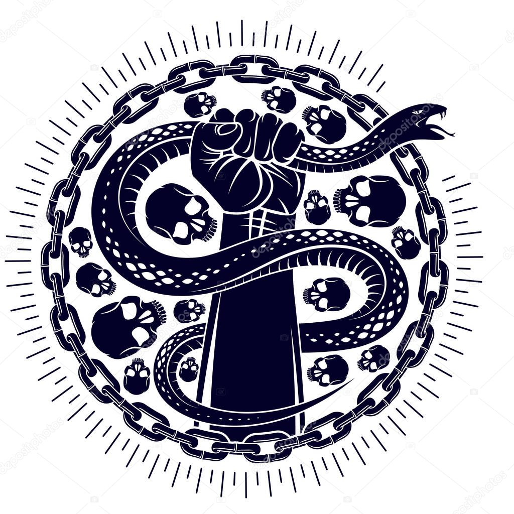 Hand squeezes a snake, fight against evil, control your dark side, internal conflict, archetype shadow, life is a fight concept, vintage vector logo or tattoo.