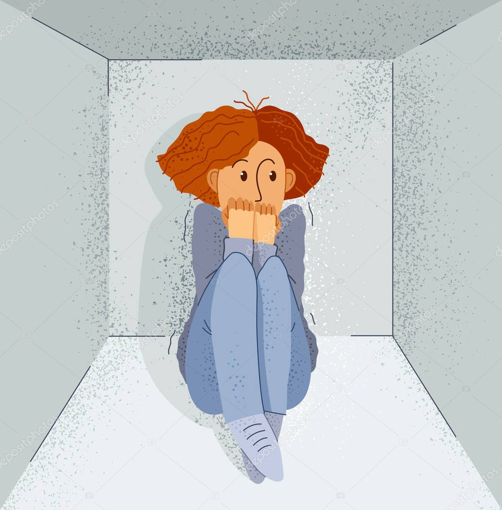 Claustrophobia fear of closed space and no escape vector illustration, girl is closed in small room space and scared in panic attack.