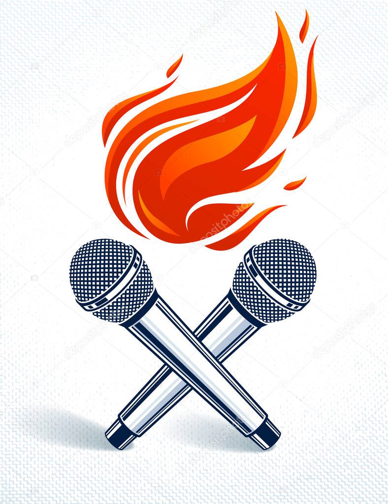 Two microphones crossed on fire, hot mic in flames, rap battle rhymes music, karaoke singing, vector logo or illustration, concert festival or night club label, t-shirt print.