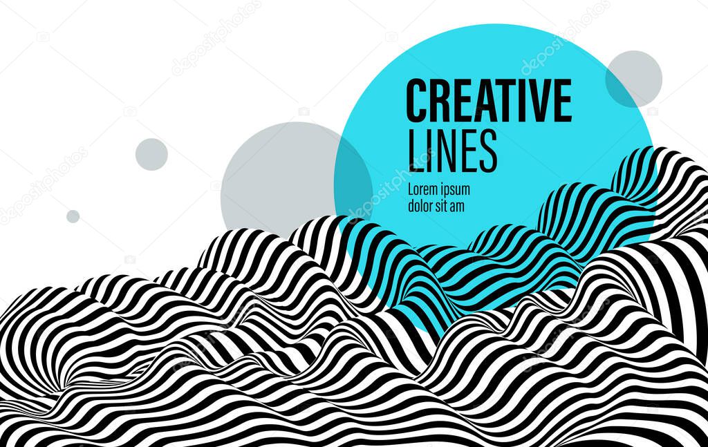 3D black and white lines in perspective with blue circle splat abstract vector background, linear perspective terrain pattern op art.
