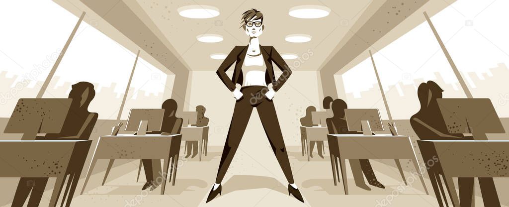Big boss director woman stands in center of office with employees confident serious and angry vector illustration, bad boss female despot and tyrant concept, manager in control of work process.
