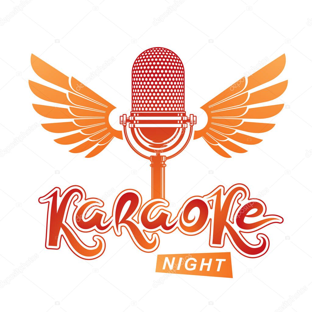 Nightlife entertainment concept, karaoke night vector inscription composed with stage microphone illustration. Leisure and relaxation lifestyle presentation.