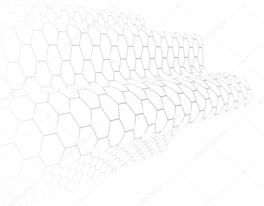 Technology vector abstract background with hexagons mesh, 3D abstraction of nanotechnology and science, electronics and digital style, wire net dimensional perspective.