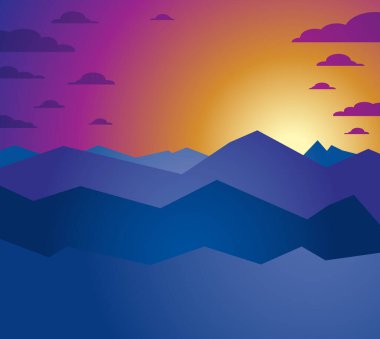 Güneşin battığı güzel dağ manzarası, tepede gün batımı manzaralı doğa vektörü illüstrasyonu, dinlenmek için sakin bir görüntü..