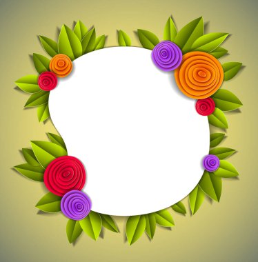 Çiçekli ve yapraklı arka plan kağıt kesim stili, metin için kopyalama alanı, vektör çiçek illüstrasyonu. Düğün davetiyesi ya da romantik tebrik kartı..