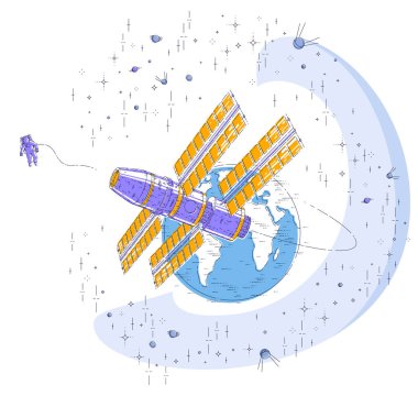 Uzay istasyonu Dünya 'nın yörüngesinde uçuyor, uzay gemisi güneş panelleri, yapay uydu, yıldızlar ve diğer elementlerle çevrili. İnce çizgi 3d vektör çizimi.