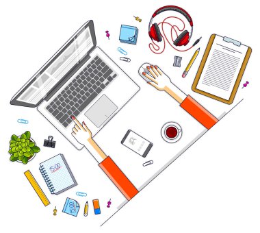 Çalışma masası çalışma masası üst görünümü ofis çalışanı veya girişimci elleri, bilgisayar defteri ve masanın üzerinde bir sürü farklı kırtasiye eşyası. Tüm elementleri ayrı ayrı kullanmak kolaydır. Vektör.